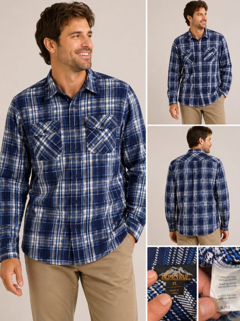 Pacific Trail Blue Plaid Flannel Shirt Jacket | Men’s XL Cotton Button-Up